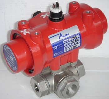 BSPF 3-WAY L PORT BRASS PLATED BALL VALVE ACTUATED WITH PRISMA ACTUATOR SPRING CLOSE PNUEMATIC ACTUATOR
